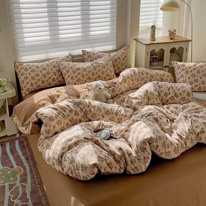 91家纺网 家纺一手货源 找家纺 娜娜2025新款A类针织双层纱印花四件套 小苍兰