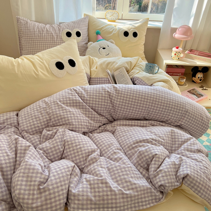 91家纺网 家纺一手货源 找家纺 桃子家居 2026新款A类ins色织水洗棉纯棉大眼睛毛巾绣混搭撞色少女多巴胺系列四件套 色织水洗棉-大眼黄紫格2