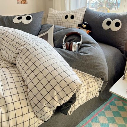 桃子家居 2026新款A类ins色织水洗棉纯棉大眼睛毛巾绣混搭撞色少女多巴胺系列四件套 色织水洗棉-大眼深灰白格