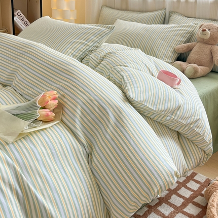 雅居纺家纺 2025新款全棉条格简约系四件套 北欧细条
