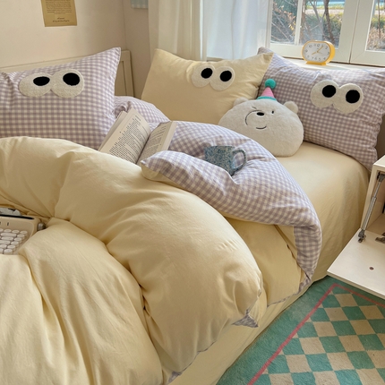 桃子家居 2026新款A类ins色织水洗棉纯棉大眼睛毛巾绣混搭撞色少女多巴胺系列四件套 色织水洗棉-大眼黄紫格