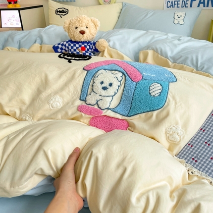 91家纺网 家纺一手货源 找家纺 （总）雨帆家纺 2025新款水洗棉卡通毛巾绣四件套