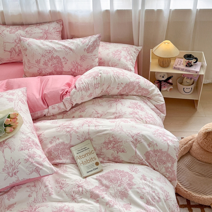 91家纺网 家纺一手货源 找家纺 雅居纺家纺 2025新款全棉小清新四件套 粉色花园