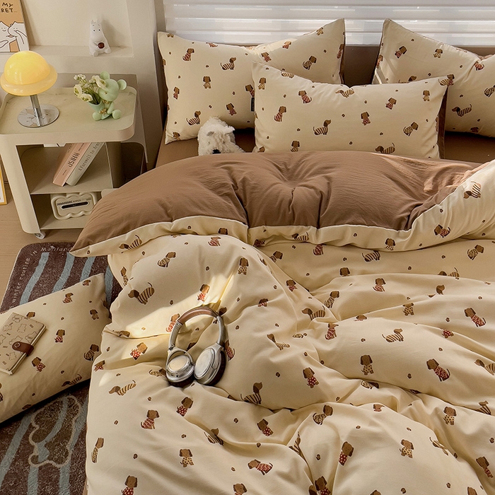 91家纺网 家纺一手货源 找家纺 娜娜2025新款A类针织双层纱印花四件套 小狗皮皮