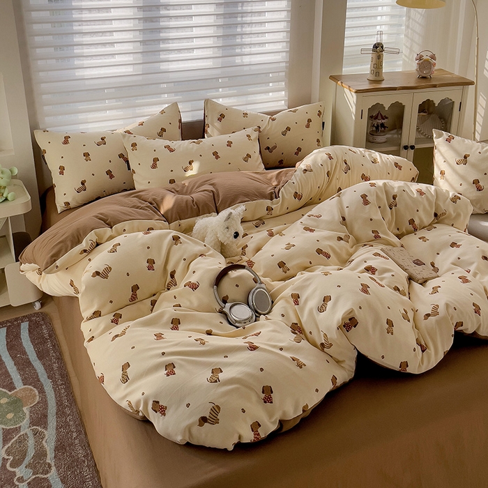 91家纺网 家纺一手货源 找家纺 娜娜2025新款A类针织双层纱印花四件套 小狗皮皮