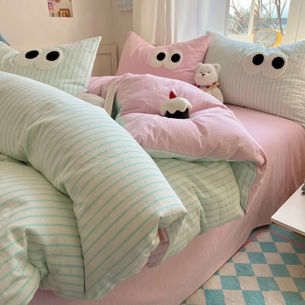 桃子家居 2026新款A类ins色织水洗棉纯棉大眼睛毛巾绣混搭撞色少女多巴胺系列四件套 色织水洗棉-大眼蓝条粉