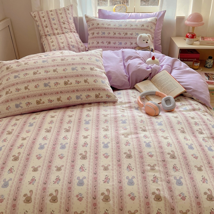 91家纺网 家纺一手货源 找家纺 雅居纺家纺 2025新款全棉小清新四件套 花园萌兔