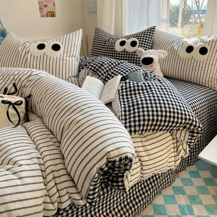 桃子家居 2026新款A类ins色织水洗棉纯棉大眼睛毛巾绣混搭撞色少女多巴胺系列四件套 色织水洗棉-大眼格格灰条