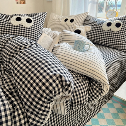 91家纺网 家纺一手货源 找家纺 （总）桃子家居 2026新款A类ins色织水洗棉纯棉大眼睛毛巾绣混搭撞色少女多巴胺系列四件套