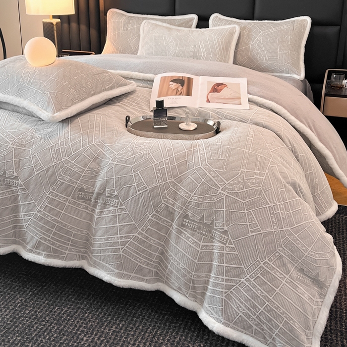 91家纺网 家纺一手货源 找家纺 畅畅家纺 2025新款兔毛绒大包边雕花牛奶绒绒四件套 江南-灰