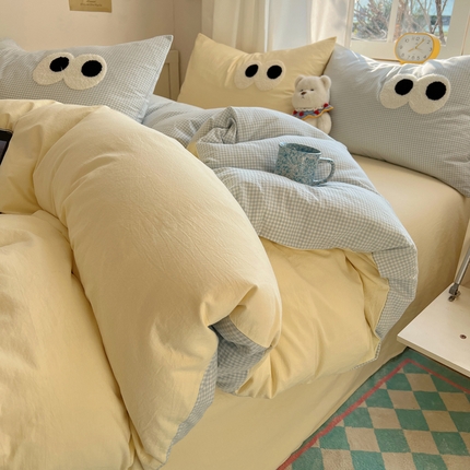 91家纺网 家纺一手货源 找家纺 （总）桃子家居 2026新款A类ins色织水洗棉纯棉大眼睛毛巾绣混搭撞色少女多巴胺系列四件套