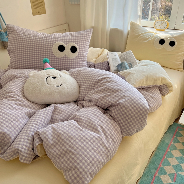 91家纺网 家纺一手货源 找家纺 桃子家居 2026新款A类ins色织水洗棉纯棉大眼睛毛巾绣混搭撞色少女多巴胺系列四件套 色织水洗棉-大眼黄紫格2