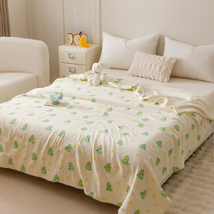 91家纺网 家纺一手货源 找家纺 悦然毛巾被 2025新款全棉六层纱布夏被成人款 萌龙甜梦