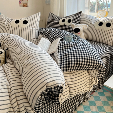 91家纺网 家纺一手货源 找家纺 （总）桃子家居 2026新款A类ins色织水洗棉纯棉大眼睛毛巾绣混搭撞色少女多巴胺系列四件套