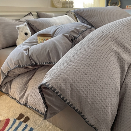 雅居纺家纺 2025新款全棉贝壳边华夫格四件套 贝壳边灰色