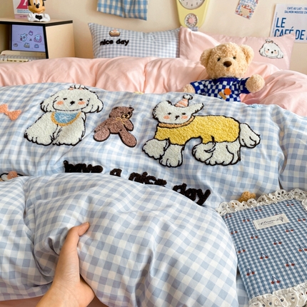 雨帆家纺 2025新款水洗棉卡通毛巾绣四件套 三个小伙伴