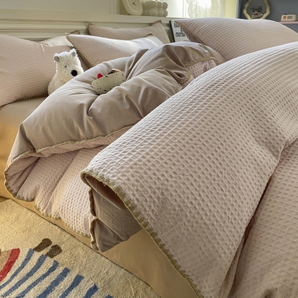 雅居纺家纺 2025新款全棉贝壳边华夫格四件套 贝壳边米驼