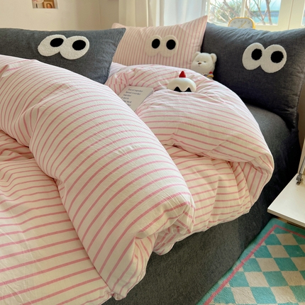 91家纺网 家纺一手货源 找家纺 （总）桃子家居 2026新款A类ins色织水洗棉纯棉大眼睛毛巾绣混搭撞色少女多巴胺系列四件套