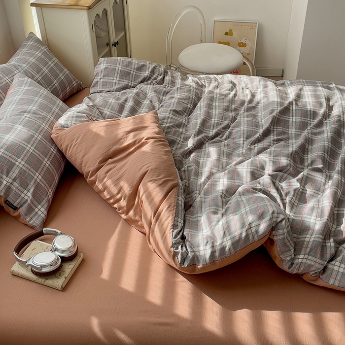 91家纺网 家纺一手货源 找家纺 娜娜2025新款A类针织双层纱印花四件套 格子先生-灰