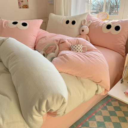 桃子家居 2026新款A类ins色织水洗棉纯棉大眼睛毛巾绣混搭撞色少女多巴胺系列四件套 色织水洗棉-大眼奶绿粉粉