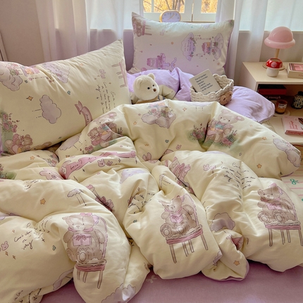 雅居纺家纺 2025新款全棉小清新四件套 晚安小熊