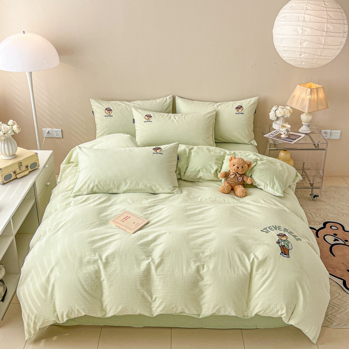 91家纺网 家纺一手货源 找家纺 （总）2025新款A类全棉色织水洗棉可爱小熊刺绣四件套