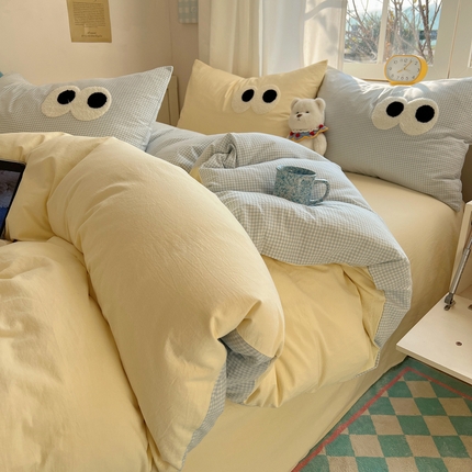 桃子家居 2026新款A类ins色织水洗棉纯棉大眼睛毛巾绣混搭撞色少女多巴胺系列四件套 色织水洗棉-大眼蓝黄2