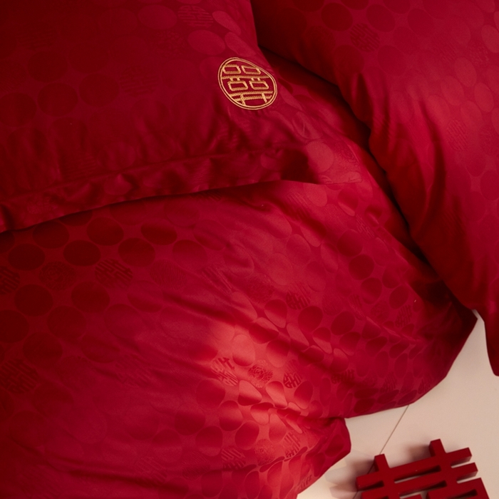 91家纺网 家纺一手货源 找家纺 欧乐蒂 2025新款高支高密提花婚庆四件套 双囍-金