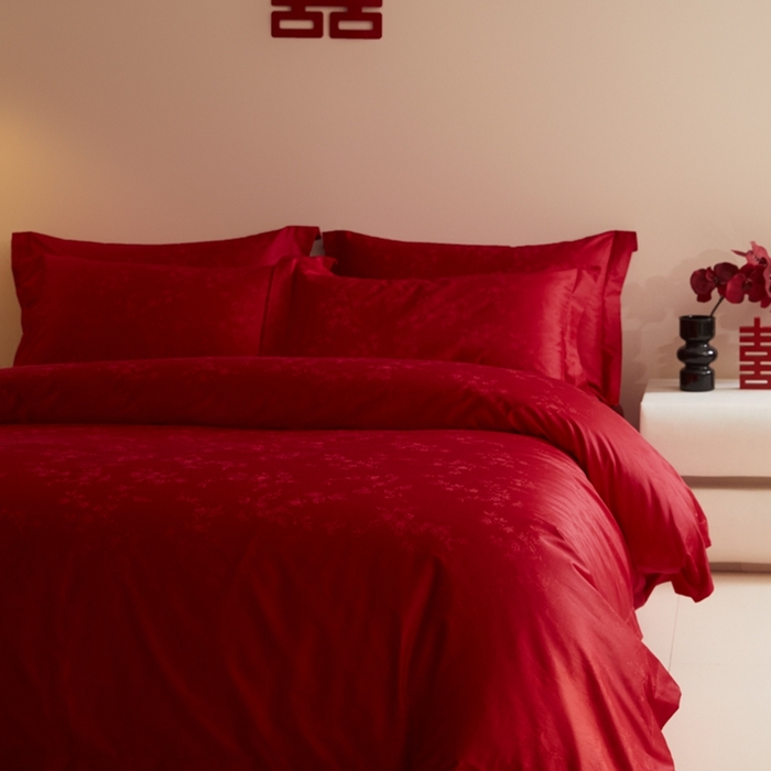 91家纺网 家纺一手货源 找家纺 欧乐蒂 2025新款高支高密提花婚庆四件套 叶叶情深