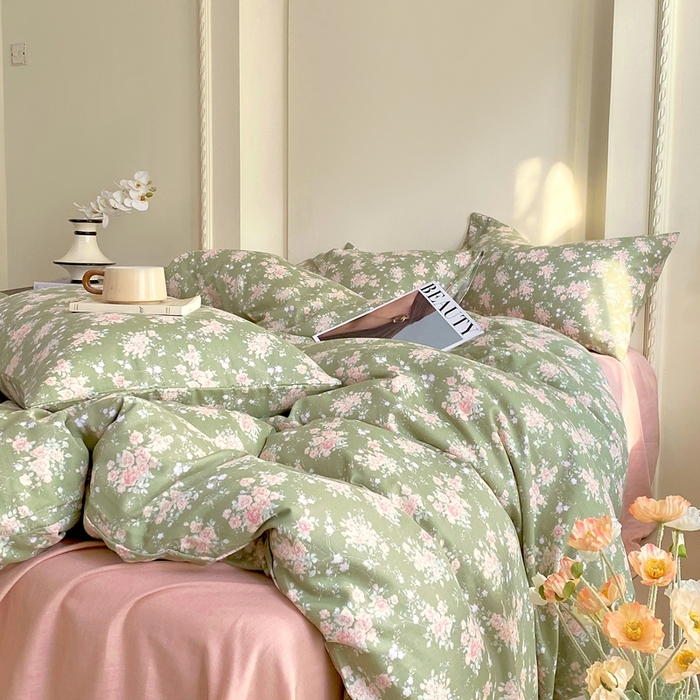 91家纺网 家纺一手货源 找家纺 于果 2025新款全棉双层纱四件套 玛德琳娜-绿