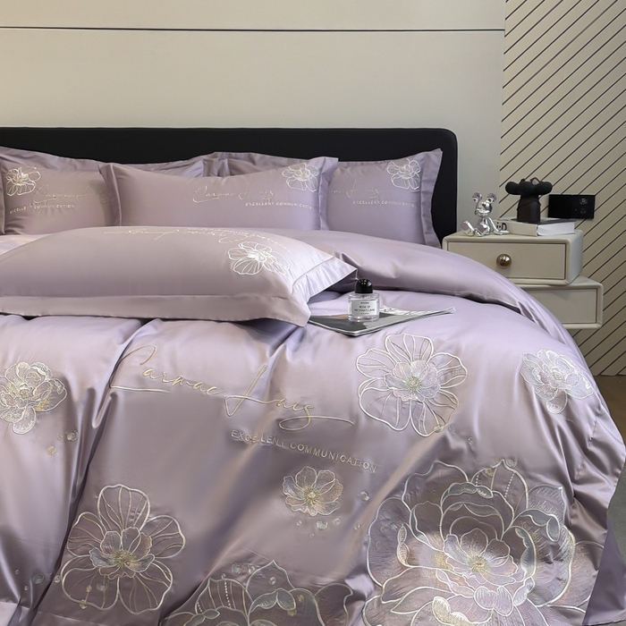 91家纺网 家纺一手货源 找家纺 欧乐蒂 2025新款亲肤棉刺绣四件套-花韵 花韵-芋紫