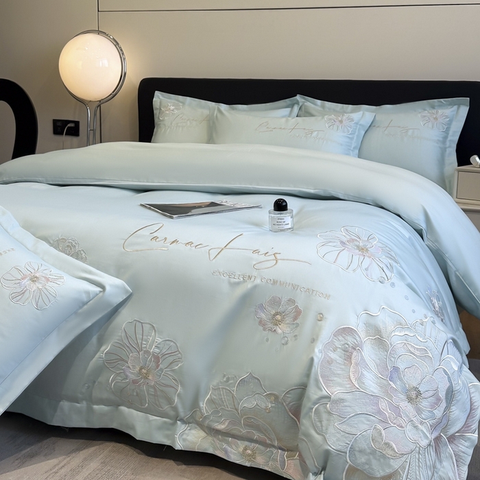 91家纺网 家纺一手货源 找家纺 欧乐蒂 2025新款亲肤棉刺绣四件套-花韵 花韵-茶绿