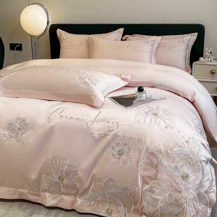 91家纺网 家纺一手货源 找家纺 欧乐蒂 2025新款亲肤棉刺绣四件套-花韵 花韵-颜粉