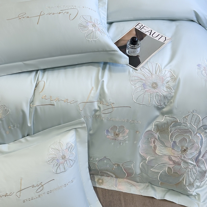 91家纺网 家纺一手货源 找家纺 欧乐蒂 2025新款亲肤棉刺绣四件套-花韵 花韵-茶绿