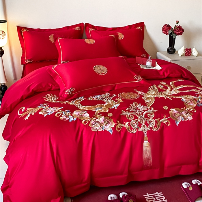 91家纺网 家纺一手货源 找家纺 欧乐蒂 2025新款全棉刺绣婚庆四件套 龙凤和美