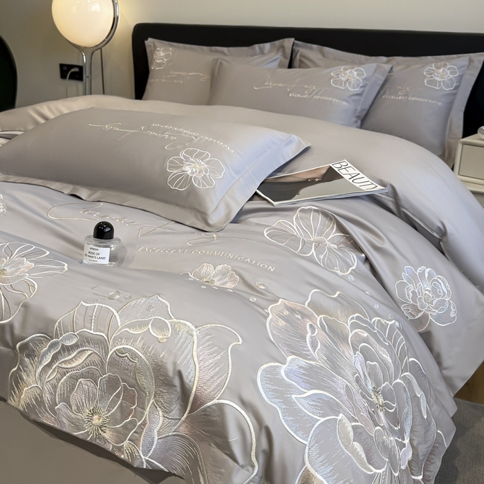 91家纺网 家纺一手货源 找家纺 欧乐蒂 2025新款亲肤棉刺绣四件套-花韵 花韵-夜灰