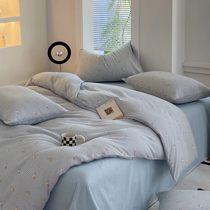 91家纺网 家纺一手货源 找家纺 于果 2025新款全棉双层纱四件套 金菠萝-蓝