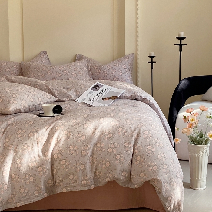 91家纺网 家纺一手货源 找家纺 于果 2025新款全棉双层纱四件套 玫瑰-灰