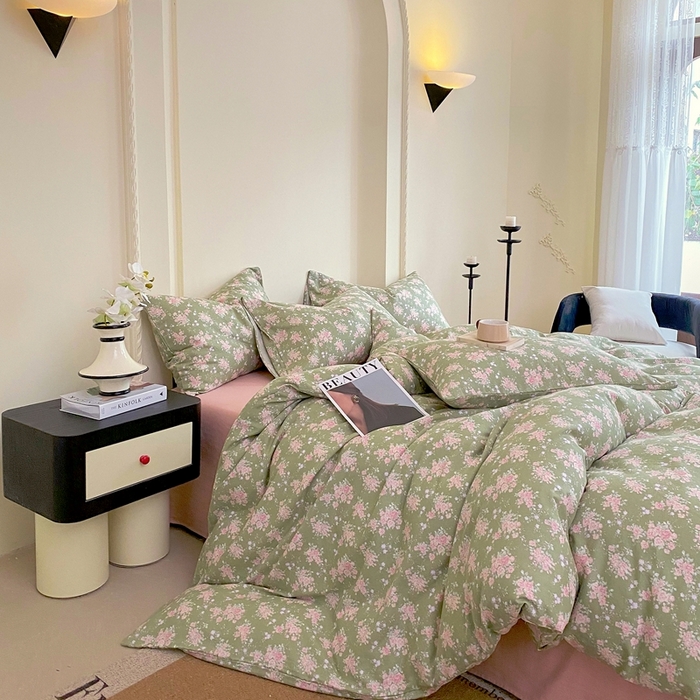 91家纺网 家纺一手货源 找家纺 于果 2025新款全棉双层纱四件套 玛德琳娜-绿