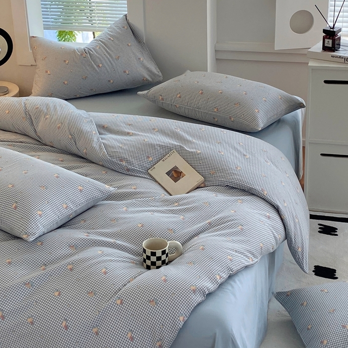 91家纺网 家纺一手货源 找家纺 于果 2025新款全棉双层纱四件套 金菠萝-蓝