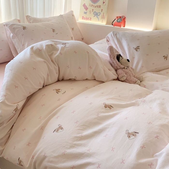 91家纺网 家纺一手货源 找家纺 吾欢心 2025新款针织棉双层纱四件套 可爱小兔