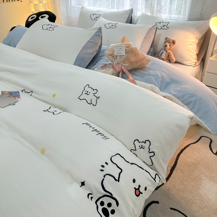 91家纺网 家纺一手货源 找家纺 多乐家纺 2025新款超柔加厚有氧提花针织小竺棉绣花四件套(提供买家秀） 小白-白蓝