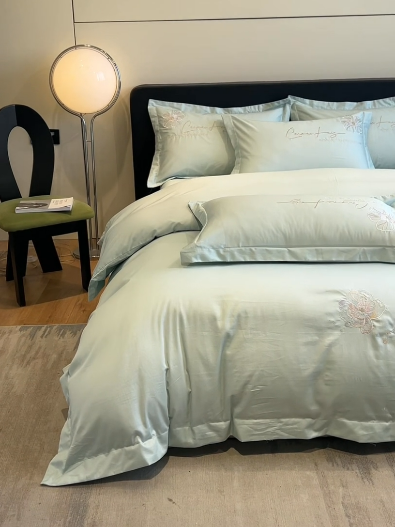 91家纺网 家纺一手货源 找家纺 欧乐蒂 2025新款亲肤棉刺绣四件套-花韵 花韵-茶绿