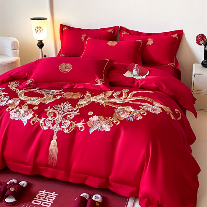 91家纺网 家纺一手货源 找家纺 欧乐蒂 2025新款全棉刺绣婚庆四件套 龙凤和美