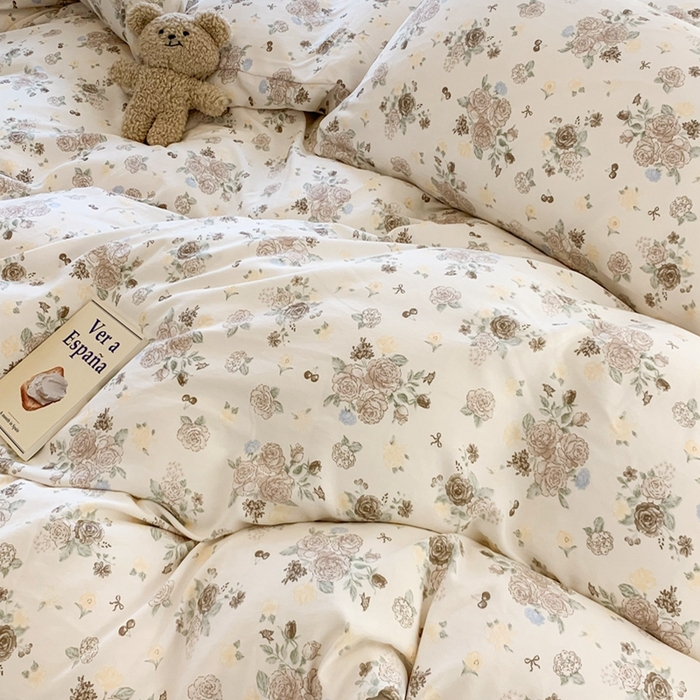 91家纺网 家纺一手货源 找家纺 吾欢心 2025新款针织棉双层纱四件套 薄雾玫瑰