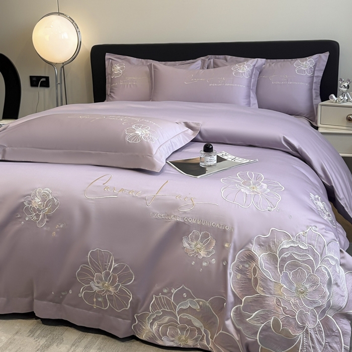 91家纺网 家纺一手货源 找家纺 欧乐蒂 2025新款亲肤棉刺绣四件套-花韵 花韵-芋紫