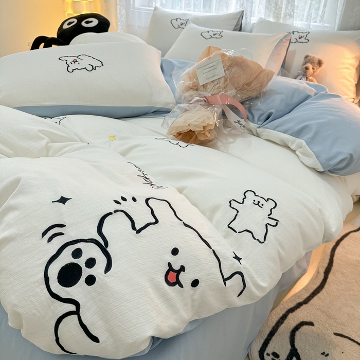 91家纺网 家纺一手货源 找家纺 多乐家纺 2025新款超柔加厚有氧提花针织小竺棉绣花四件套(提供买家秀） 小白-白蓝