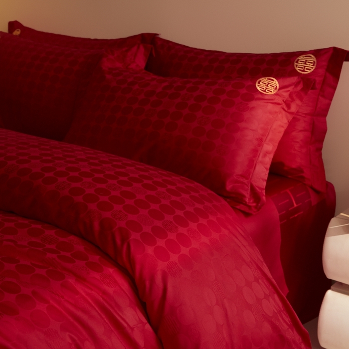 91家纺网 家纺一手货源 找家纺 欧乐蒂 2025新款高支高密提花婚庆四件套 双囍-金