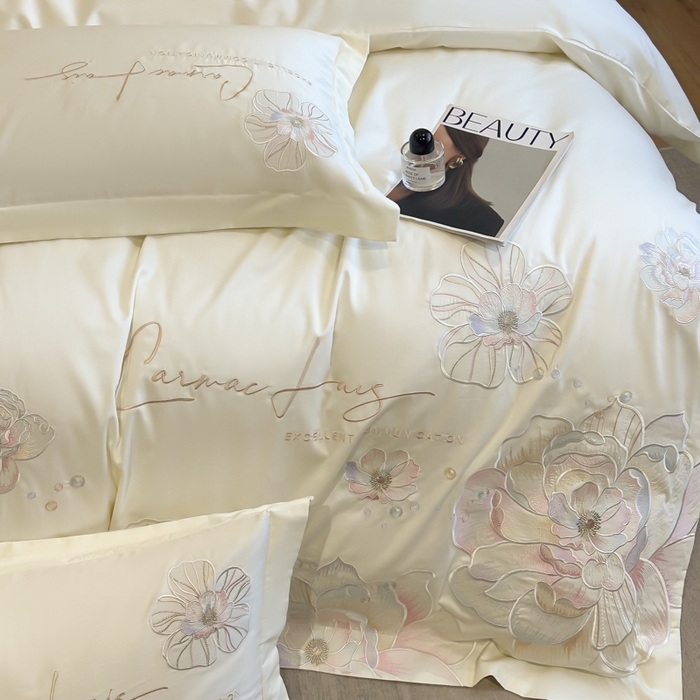 91家纺网 家纺一手货源 找家纺 欧乐蒂 2025新款亲肤棉刺绣四件套-花韵 花韵-暖白