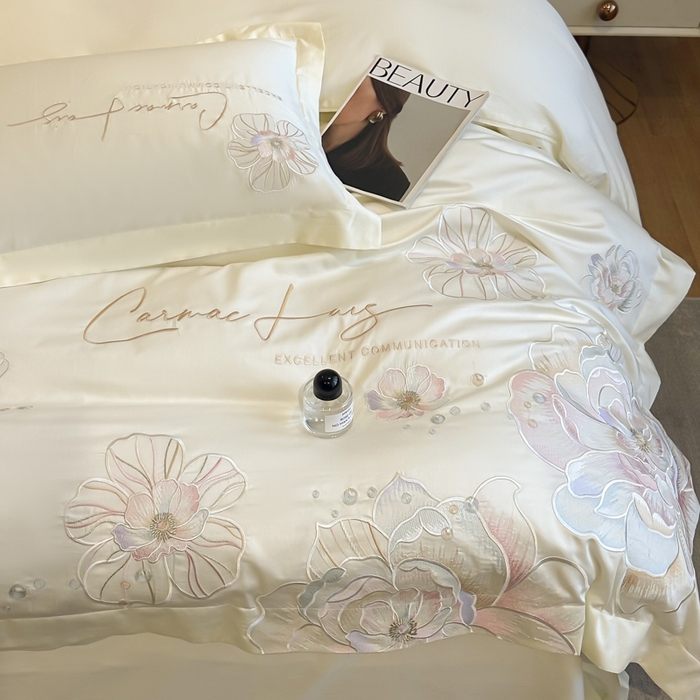 91家纺网 家纺一手货源 找家纺 欧乐蒂 2025新款亲肤棉刺绣四件套-花韵 花韵-暖白